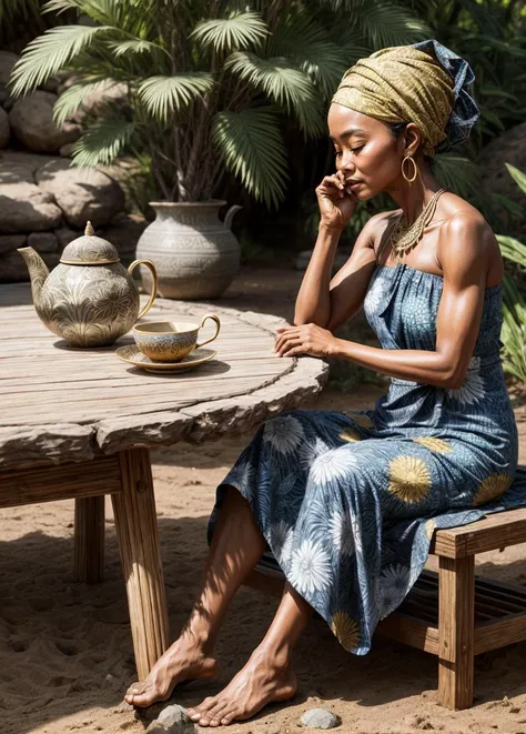 RAW analog photo of Javanese teamaster, (thinking), teaset, treebark table, zen garden.Photorealistic, Hyperrealistic, Hyperdetailed, detailed skin, skin, dusty sand, soft lighting, subsurface scattering, realistic, heavy shadow, masterpiece, best quality, ultra realistic, 8k, golden ratio, Intricate, High Detail, film photography, soft focus, rimlight <lora:more_details:1> <lora:entropy-alpha:0.05> natural vivid yucca strapless dress , printed batik, headwrap <lora:treebark:0.1>