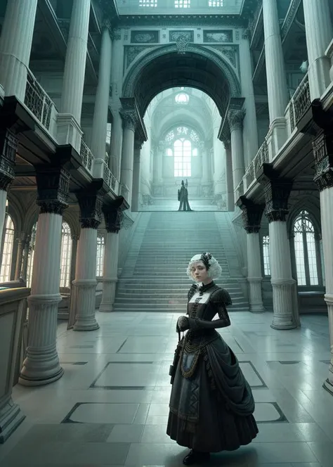 technoarcheology architecture, wanderer victorian design haute couture, white high classicism wig hair, RAW photo, (high detailed skin:1.2), (8k uhd:1.2), dslr, soft lighting, high quality, Fujifilm XT3, (no higheels shoes:1.1) <lora:style-1-v3:0.9> cityscape, dim dark