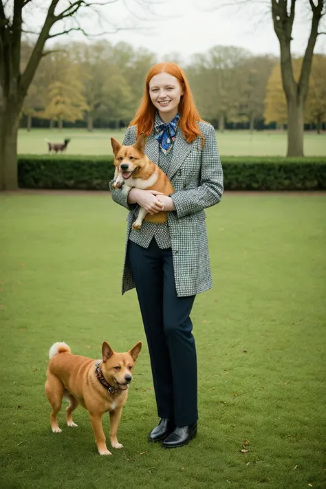 fashion portrait of happy ginger woman holding animal dog, wearing a patchwork suit standing in the middle of a park, taken on a hasselblad medium format camera
