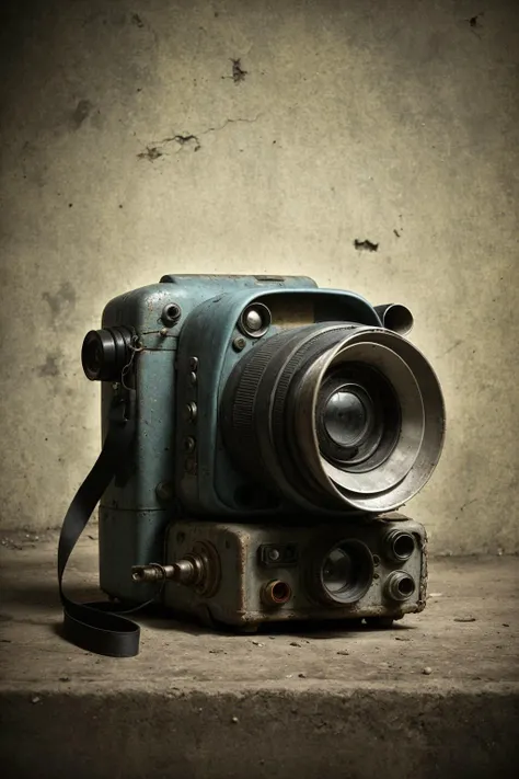 barnum-sepia retrofuturistic design concept vintage scifi  (1 photo camera), rusty, product photo,