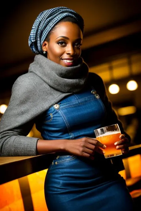 moral-panic-button-positive barnum-sepia indoors, (1 woman:1.4), (African beauty Adja:1.2), full body shot, higheels, closeup, really having fun at wild bachelor party, couple of people at bar having fun and drinking,