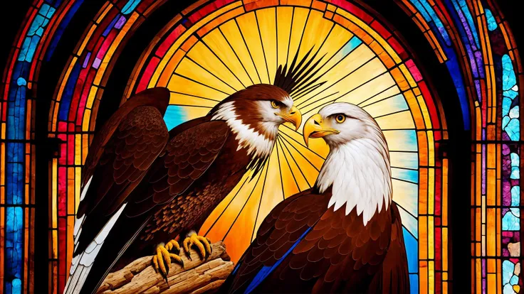 masterpiece , 8k perfect quality, awarded painting of stained glass story of big eagle <lora:Stained_Glass_Story-10 style:0.84> stained_glass, transparent, backlight