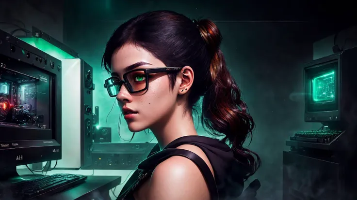 an awarded photo of 1 girl with greek beauty, she has small nose and delicate freckles, alabaster white skin with big green eyes and black brows and black long wawing hairstyle with bloody red highlights, posing to time magazine in dungeon computer center, dynamic pose,perfect quality masterpiece, ultradetailed, ultrasharp, best quality, photorealistic, cinematic lights, half body shot, realistic photography, analog photography, looks like real, boekh, deep of field, <lora:rMadArt3_NoiseOffset:1> <lora:WitchcraftPunkAI:1> with elegant golden cyber glasses with display and cmatrix