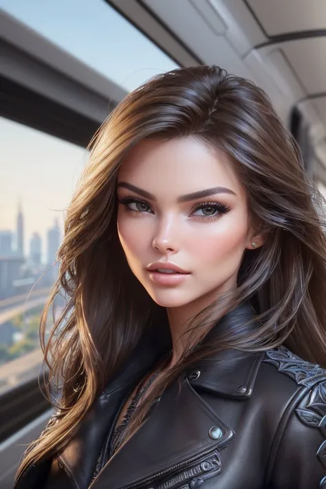 closeup headshot of S121_YuliaPolyachikhina, a beautiful woman, on a (train:1.1), wearing a (leather-jacket:1.1), (8k, RAW photo, best quality, depth of field, ultra high res:1.2), (absurdres, intricate, photorealistic, masterpiece, ultra-detailed, Unreal Engine:1.3)