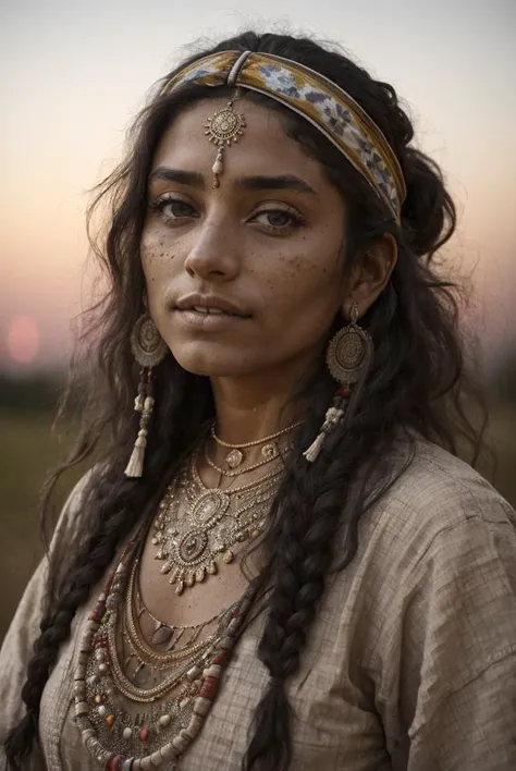 emotional photo of dancing  gypsy  woman Deidre in rugged ornamental clothes, vintage headband, dark suntanned skin, long messy hair, native ethnic gold necklace, face, perfect teeth, 8k uhd, high quality,  film grain, looking at viewer, portrait, (skin pores:1.2), (moles:0.8), (imperfect skin:1.1), intricate details, goosebumps, flawless face, ((photorealistic):1.1), (raw, 8k:1.2), hyper realistic, HDR, cinematic, dark, muted colors, atmosphere, ((macro lens)), after dusk
 <lora:entropy-alpha:0.19>