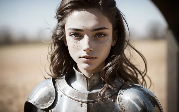 (closeup:1.1) of an angry female legionnaire with freckles and long brown hair on a medieval battlefield, killed warriors in the background, detailed skin, detailed photo, bokeh, 200mm lens, extreme close-up, extreme shooting, cinematic, evening sunset, contrast photo , neutral cinematic colors, dynamics, full realism, super detail, dynamic atmosphere, dust of battle, sand,