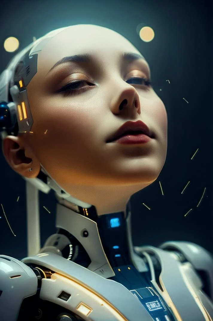 fantchar,closeup portrait, a delicate AI ethereal pale robot Joela with tron circuit skin wearing a futuristic evening gown and sitting on an organic charging station, with a room full fireflies in the background, moonlit night, iridescent, glowing lights illuminating from within, celestial, serene, close-up, robotic limbs, upward buzzcut, slightly below view, realistic, highly detailed, intricate, face lighting, dlsr, realistic, dark theme, bokeh, simple plain background
<lora:fantchar_v4:1> <lyco:BikeMaker:.31>