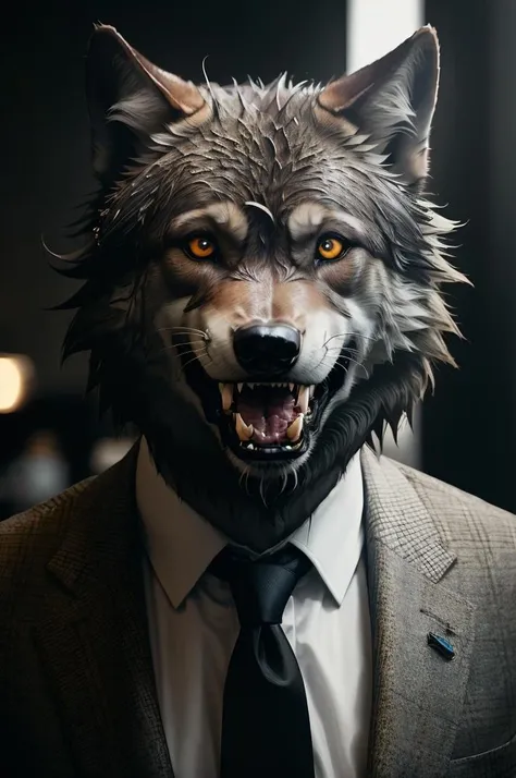 photrorealistic wolves in an office, a closeup portrait of a [wolf|human] hybrid, wearing (executive  business suit:1.3), tie, flirting with camera, ((fangs)), ((open mouth)), whiskers, teeth, furious, angry, saliva (natural texture, hyperrealism, soft light, sharp), dlsr, kodak analog, dark theme
  <lora:tangbohu-detailmaker_v2.5:1> <lora:RPGWolf:0.8> <lora:entropy-alpha:0.04>