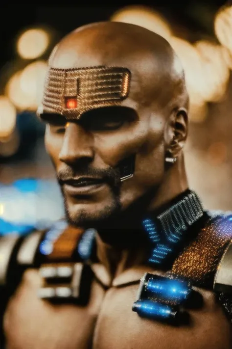 RAW photo by Hls442, good looking tanned (hybrid man|android|robot:1.1) bald brain implants device, metal tissue tactical armor, lively eyes, (mechanical robot arms:1.1), metal joints visible, rusty weary, biopunk, <lora:Hls442A:1.5>, futuristic citylights bokeh <lora:entropy-alpha:.1>, focus on augmented eye <lyco:BikeMaker:.3>