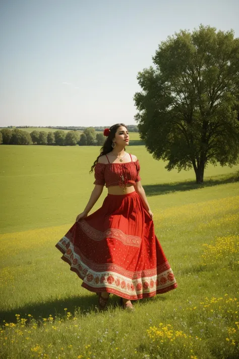 fashion portrait of  dancing gypsy girl in the middle of a meadow, red ornamental skirt, ethnic, taken on a hasselblad medium format camera