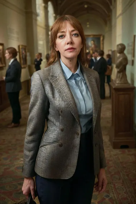 photorealistic photo of philcunk, a mature woman wearing a light blue blouse and dark grey plaid jacket, fine lines and wrinkles, standing in a museum, looking at the camera, realistic, (masterpiece:1.1), (best quality:1.1), beautiful, (intricate details), unity 8k wallpaper, ultra detailed, aesthetic, perfect lighting, <lora:philcunk_V1-000008:0.8>