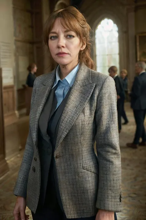 photorealistic photo of philcunk, a mature woman wearing a light blue blouse and dark grey plaid jacket, fine lines and wrinkles, standing in a museum, looking at the camera, realistic, (masterpiece:1.1), (best quality:1.1), beautiful, (intricate details), unity 8k wallpaper, ultra detailed, aesthetic, perfect lighting, <lora:philcunk_V1-000008:0.8>