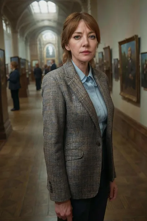 photorealistic photo of philcunk, a mature woman wearing a light blue blouse and dark grey plaid jacket, fine lines and wrinkles, standing in a museum, looking at the camera, realistic, (masterpiece:1.1), (best quality:1.1), beautiful, (intricate details), unity 8k wallpaper, ultra detailed, aesthetic, perfect lighting, <lora:philcunk_V1-000008:0.8>