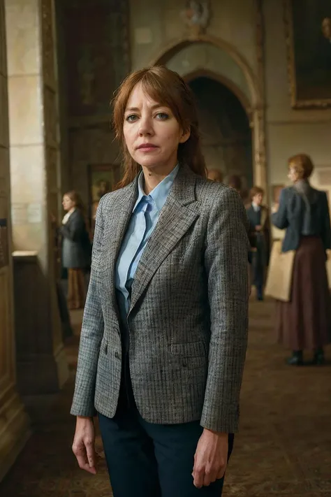 photorealistic photo of philcunk, a mature woman wearing a light blue blouse and dark grey plaid jacket, fine lines and wrinkles, standing in a museum, looking at the camera, realistic, (masterpiece:1.1), (best quality:1.1), beautiful, (intricate details), unity 8k wallpaper, ultra detailed, aesthetic, perfect lighting, <lora:philcunk_V1-000008:0.8>