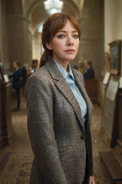 photorealistic photo of philcunk, a mature woman wearing a light blue blouse and dark grey plaid jacket, fine lines and wrinkles, standing in a museum, looking at the camera, realistic, (masterpiece:1.1), (best quality:1.1), beautiful, (intricate details), unity 8k wallpaper, ultra detailed, aesthetic, perfect lighting, <lora:philcunk_V1-000008:0.8>