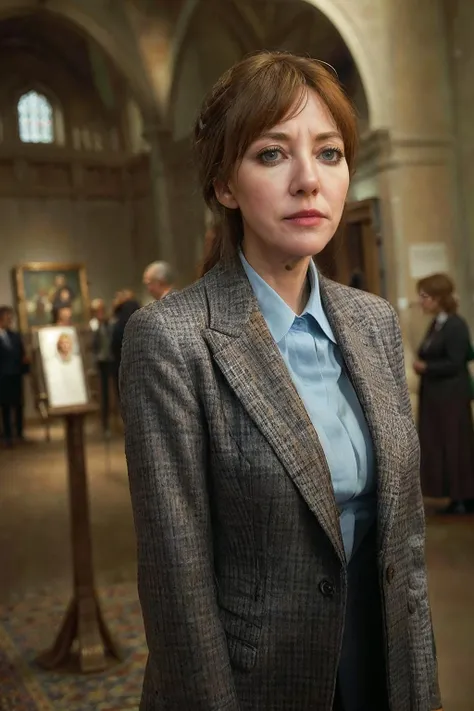 photorealistic photo of philcunk, a mature woman wearing a light blue blouse and dark grey plaid jacket, fine lines and wrinkles, standing in a museum, looking at the camera, realistic, (masterpiece:1.1), (best quality:1.1), beautiful, (intricate details), unity 8k wallpaper, ultra detailed, aesthetic, perfect lighting, <lora:philcunk_V1-000008:0.8>