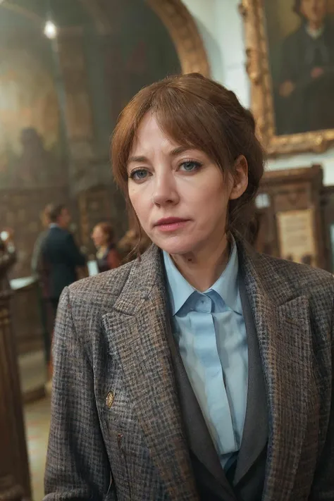 photorealistic photo of philcunk, a mature woman wearing a light blue blouse and dark grey plaid jacket, fine lines and wrinkles, standing in a museum, looking at the camera, realistic, (masterpiece:1.1), (best quality:1.1), beautiful, (intricate details), unity 8k wallpaper, ultra detailed, aesthetic, perfect lighting, <lora:philcunk_V1-000008:0.8>