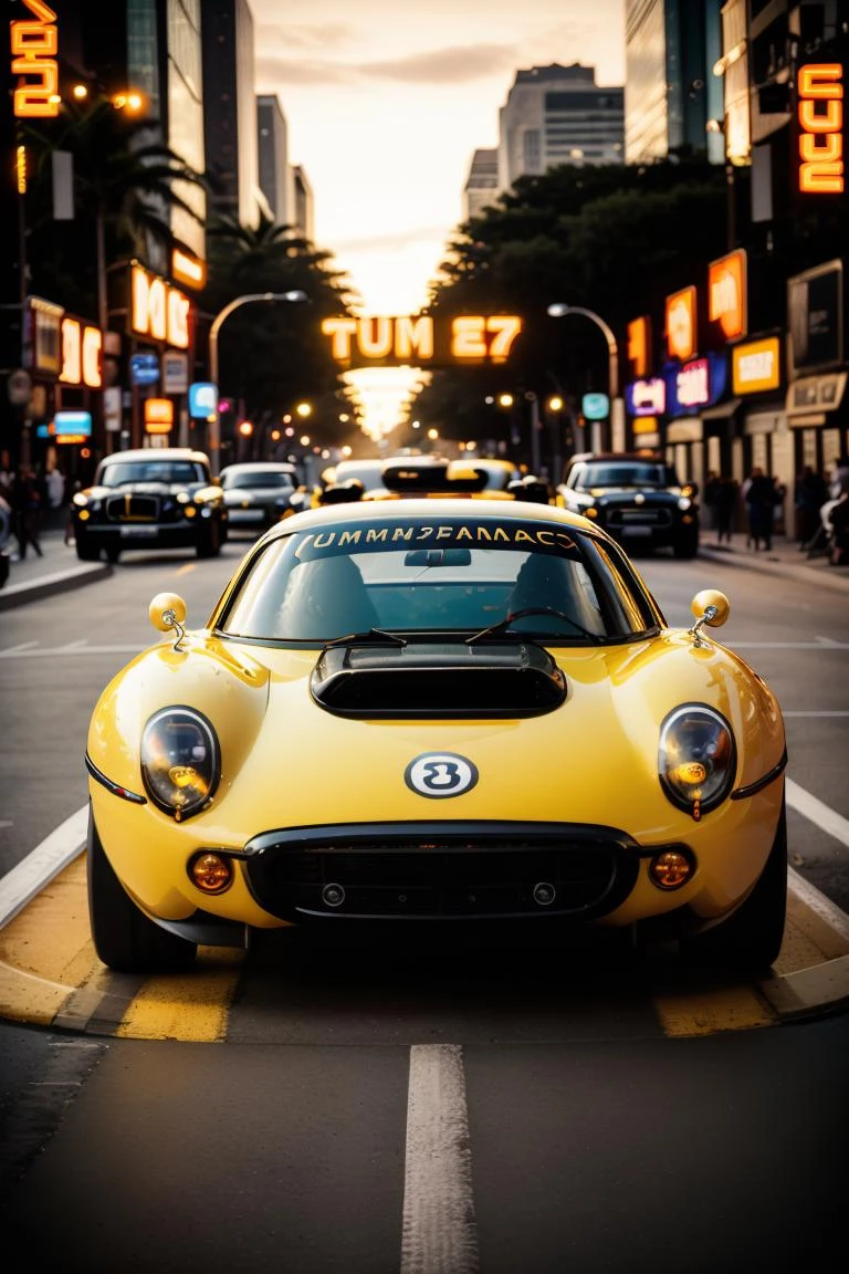 cinematic photo retrofuturistic bubble racing car yellow black, busy street, Weird Cars Concept, on display <lora:Cars:1> . 35mm photograph, film, bokeh, professional, 4k, highly detailed