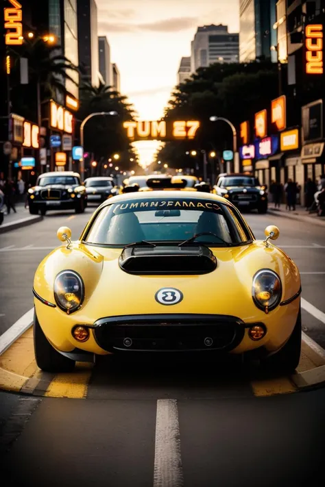 cinematic photo retrofuturistic bubble  racing car yellow black, busy street, Weird Cars Concept, on display <lora:Cars:1> . 35mm photograph, film, bokeh, professional, 4k, highly detailed