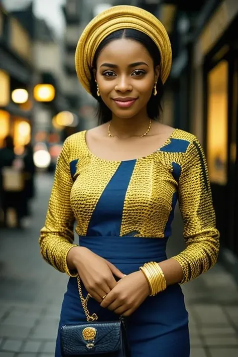 photo 3/4 of happy smiling  Nigerian actress  woman Dana, design colourful autumn clothes, holding fashion purse, Paris cafeteria, HDR, cinematic, dark, muted colors, atmosphere, ((macro lens)), golden hour, outdoors, blue theme