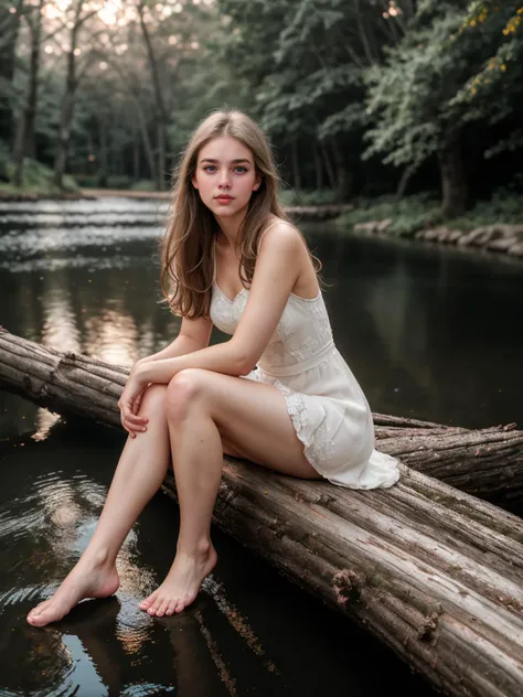 RAW photo, tv_Evelyn_Clark_MXAI , calm expression, wearing a colorful sundress, sitting on a log at a misty forest pond, golden hour, shot from the side, PA7_Portrait-FL, (((Ultra-HD-details, Ultra-HD-detailed, Ultra-HD-realistic, Ultra-HD-photo-same-realistic-quality-details))), 8k uhd, dslr, soft lighting, high quality, film grain, Fujifilm XT3