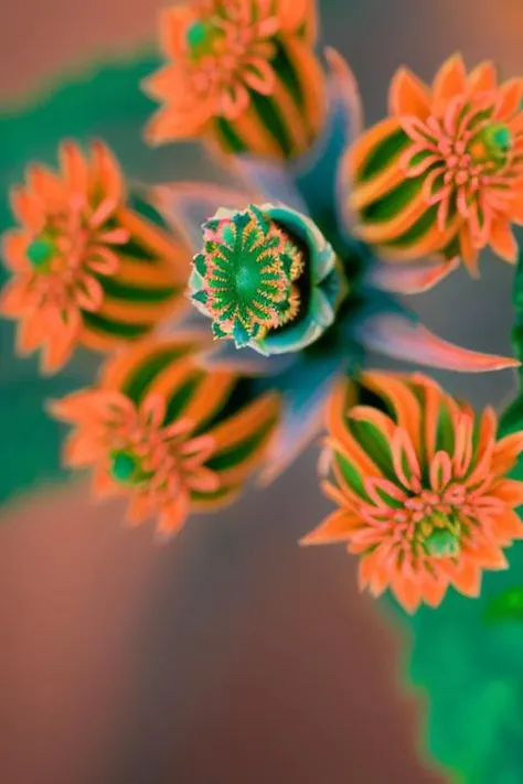 a close up of a flower budding on a plant with green leaves, false color, color ( sony a 7 r iv, colorful alien flora, inspired by Joseph Ignaz Appiani, hyper - detailed color photo, saturated color, chrysanthemum eos-1d, trending on unsplash, fractal blue leaves, inspired by Hyman Bloom, featured on unsplash, <lora:Poetria_yiu_v10:0.6>
