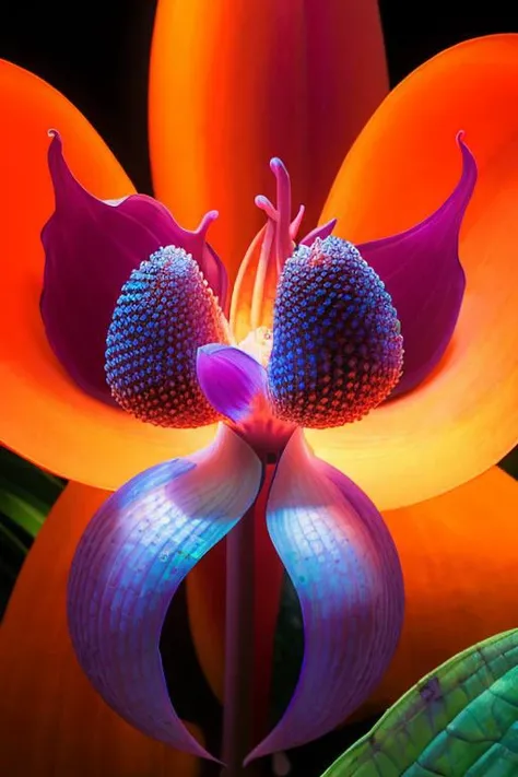 there is a large orange flower with a blue center surrounded by purple leaves, ultraviolet photography, award - winning 4 k photograph, luminescent plants, 3 d giant orchid flower, 8k award-winning photograph, frans lanting, purple color lighting, inspired by Rachel Ruysch, glowing flowers, colorful alien flora, large opaque blossoms, <lora:Poetria_yiu_v10:0.6>