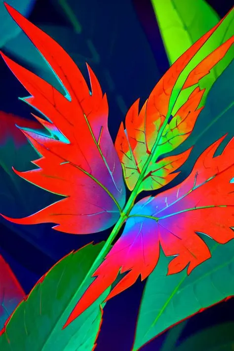 Poetria, a close up of a plant with red and blue leaves, multicolored weed leaves, fractal blue leaves, fractal leaves, psychedelic vegetation, vibrant foliage, psychedelic fern, highly detailed leaves, colorful leaves, botanical fractal structures, intricate vibrant colors, microchip leaves, colorful alien flora, bold psychedelic colors, vibrant vegetation, vibrant deep saturated colors, award winning macro photography, <lora:Poetria_yiu_v10:0.6>