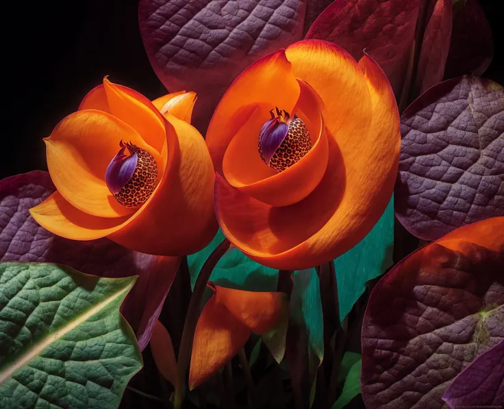 there is a large orange flower with a blue center surrounded by purple leaves, ultraviolet photography, award - winning 4 k photograph, luminescent plants, 3 d giant orchid flower, 8k award-winning photograph, frans lanting, purple color lighting, inspired by Rachel Ruysch, glowing flowers, colorful alien flora, large opaque blossoms, <lora:Poetria_yiu_v10:0.6>