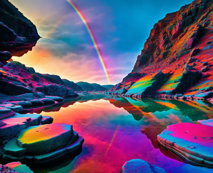 there is a colorful lake in the middle of a rocky area, rainbow reflection, rainbow reflections, extraordinary colorful landscape, hyper color photograph, ethereal rainbows, rainbow gradient reflection, rainbow melting color scheme, prismatic colors, iridescent shimmering pools, psychedelic dripping colors, psychedelic landscape, psychedelic colors, color dispersion, splashes of colors, psychedelic colorization, <lora:Poetria_yiu_v10:0.6>