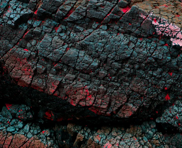 a close up of a rock with a red and blue paint, volcano texture, high resolution coal texture, lava texture, mandelbulb textures, photorealistic texture, realistic textures from photos, 4 k seamless mud texture, high colored texture, vibrant 3d textures, realistic crisp textures, reddish lava highlights, quixel textures, volcanic embers, detailed colored textures, <lora:Poetria_yiu_v10:0.6>