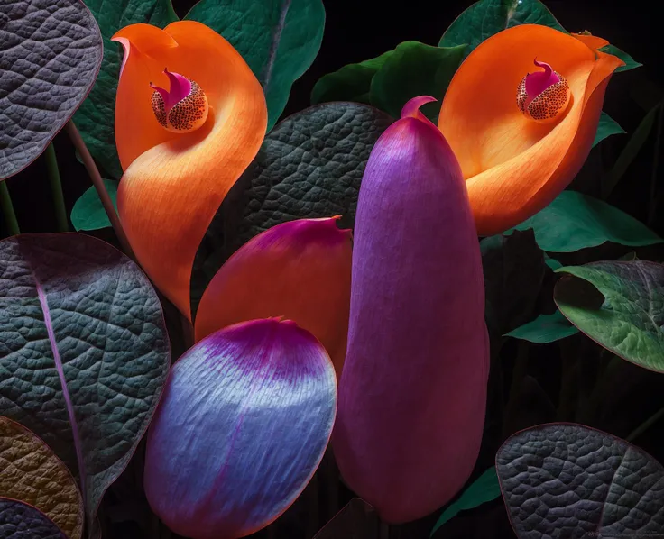 there is a large orange flower with a blue center surrounded by purple leaves, ultraviolet photography, award - winning 4 k photograph, luminescent plants, 3 d giant orchid flower, 8k award-winning photograph, frans lanting, purple color lighting, inspired by Rachel Ruysch, glowing flowers, colorful alien flora, large opaque blossoms, <lora:Poetria_yiu_v10:0.6>