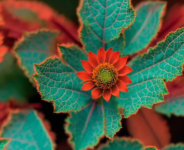 a close up of a flower budding on a plant with green leaves, false color, color ( sony a 7 r iv, colorful alien flora, inspired by Joseph Ignaz Appiani, hyper - detailed color photo, saturated color, chrysanthemum eos-1d, trending on unsplash, fractal blue leaves, inspired by Hyman Bloom, featured on unsplash, <lora:Poetria_yiu_v10:0.6>