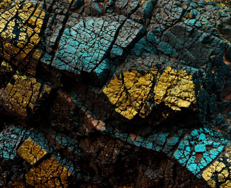 a close up of a rock with a gold and blue paint, volcano texture, high resolution coal texture, lava texture, mandelbulb textures, photorealistic texture, realistic textures from photos, 4 k seamless mud texture, high colored texture, vibrant 3d textures, realistic crisp textures, reddish lava highlights, quixel textures, volcanic embers, detailed colored textures, <lora:Poetria_yiu_v10:0.6>