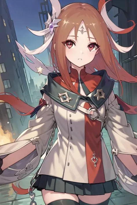 codeeulalia, <lyco:eulalia-lyco-nochekaiser:1>, 
eulalia, long hair, brown hair, hair ornament, facial mark, (red eyes:1.5),
BREAK skirt, thighhighs, pleated skirt, detached sleeves, wide sleeves, chain, red thighhighs,
BREAK looking at viewer,
BREAK outdoors,
BREAK <lyco:GoodHands-beta2:1>, (masterpiece:1.2), best quality, high resolution, unity 8k wallpaper, (illustration:0.8), (beautiful detailed eyes:1.6), extremely detailed face, perfect lighting, extremely detailed CG, (perfect hands, perfect anatomy),