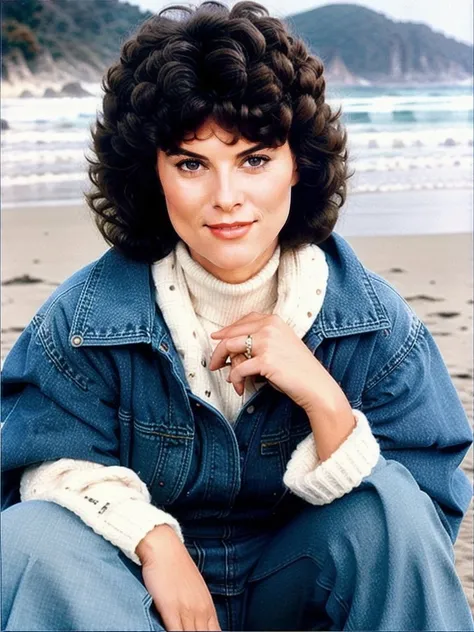 AdrienneBarbeau768, close up portrait, vintage turtleneck, 70s jeans, beach, detailed eyes, photography, trending on artstation, sharp focus, studio photo, intricate details, highly detailed, by greg rutkowski <lora:AdrienneBarbeau768-000320:0.5>