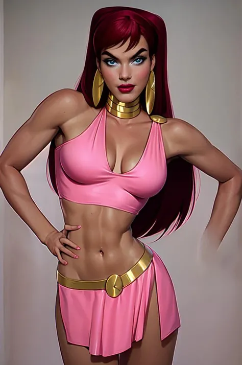 <lora:Giganta:1>,giganta,1girl,solo,beautiful face,beautiful eyes,skimpy pink dress,revealing cleavage,medium breasts,hoop earrings,long hair,makeup,earrings,standing,(looking at viewer seductively,flirty:1.1),(photorealistic1.2),