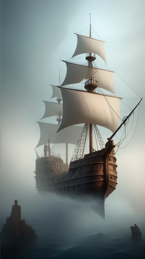 fantasy, archaeology theme, <lora:ExpeditionStyleXL:1> ExpeditionStyle a ghost ship sailing on a sea of fog in a city