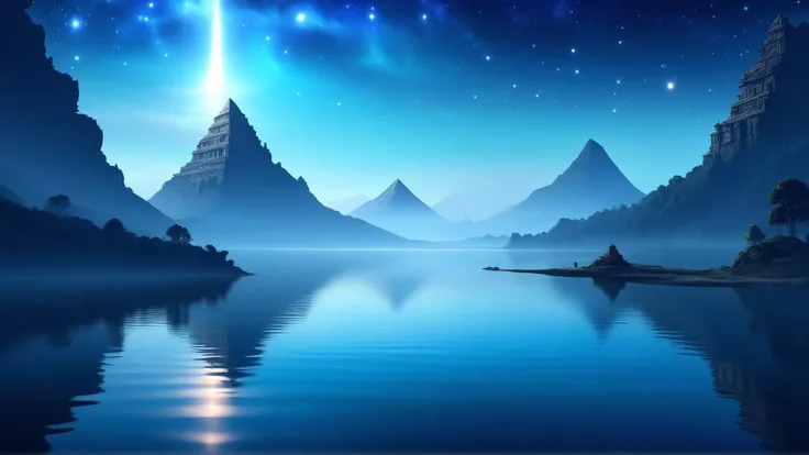 fantasy, archaeology  theme, <lora:ExpeditionStyleXL:1> ExpeditionStyle a mystical lake with water so clear it mirrors the entire night sky