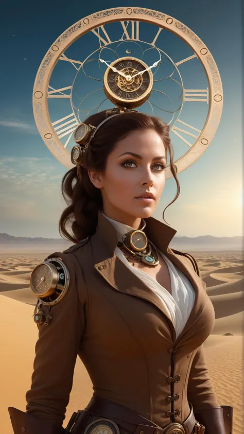 fantasy, archaeology theme, <lora:ExpeditionStyleXL:1> ExpeditionStyle (style-swirlmagic:1.0), portrait, solo, half shot, looking at viewer, detailed background, detailed face, (<lora:SteamPunkBundleV3:0.4>, steampunkai, steampunk theme:1.1) glowing eyes, (master of time and space:1.1), infinity, impossible space, circular patterns, time magic, standing still, desert dunes in background, ethereal atmosphere,