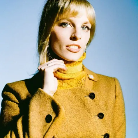 ((photo of a woman dressed in Gucci, wearing a yellow turtleneck and a blue peacoat on analog style like film photography)), ((high quality:1.2, masterpiece:1.2)),high details, detailed and intricate, intricate details, high intricate details, absurd amount of details,((upper body:1.2)), portrait, Realism, Ambient Occlusion, Natural Lighting,Volumetric Lighting, Volumetric Light, Volumetric,  <lora:ArgieFilm-04:0.5>