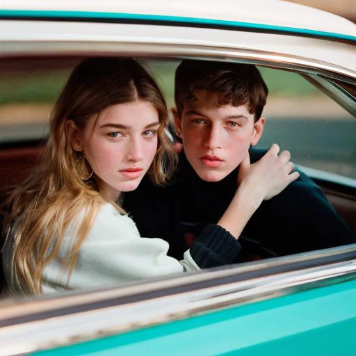 analog style, film, dust, grain, full scene photography, fashionable girl and boy models pose in the parking lot of a retro future restaurant in 2001, Vogue magazine 2001s, Kodak Professional Portra 400NC, full body, depth of field, Ultra HD, HDR, DTM, 8K , detailed face, Wes Anderson style, <lora:epiNoiseoffset_v1:1>, <lora:ArgieFilm-01:1>
