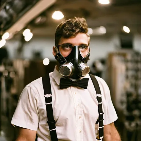 ((a man wearing a gas mask and suspenders, a character portrait, on analog style like film photography)), ((high quality:1.2, masterpiece:1.2)),high details, detailed and intricate, intricate details, high intricate details, absurd amount of details,((upper body:1.2)), portrait, Realism, Ambient Occlusion, Natural Lighting,Volumetric Lighting, Volumetric Light, Volumetric,  <lora:ArgieFilm-04:0.5>