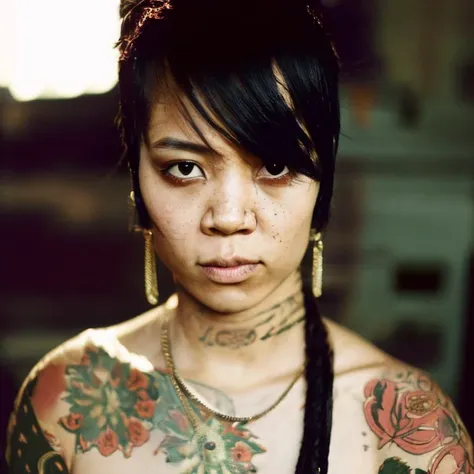 ((centered portrait of a asian punk girl on analog style like film photography)), ((high quality:1.2, masterpiece:1.2)),high details, detailed and intricate, intricate details, high intricate details, absurd amount of details,((upper body:1.2)), portrait, Realism, Ambient Occlusion, Natural Lighting,Volumetric Lighting, Volumetric Light, Volumetric,  <lora:ArgieFilm-04:0.5>