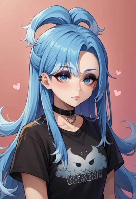 score_9, score_8_up, source_anime, 1girl, solo, KoboKanaeru, blue eyes, long hair, blue hair, colored tips, black shirt, t-shirt, black choker, heart choker, goth, eyeliner, eyeshadow, <lora:Char-KoboKanaeruPonyXL:1>