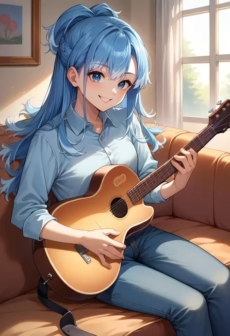 score_9, score_8_up, source_anime, 1girl, solo, KoboKanaeru, blue eyes, long hair, blue hair, colored tips, collared shirt, jeans, acoustic guitar, sitting on couch, playing guitar, smile, <lora:Char-KoboKanaeruPonyXL:1>
