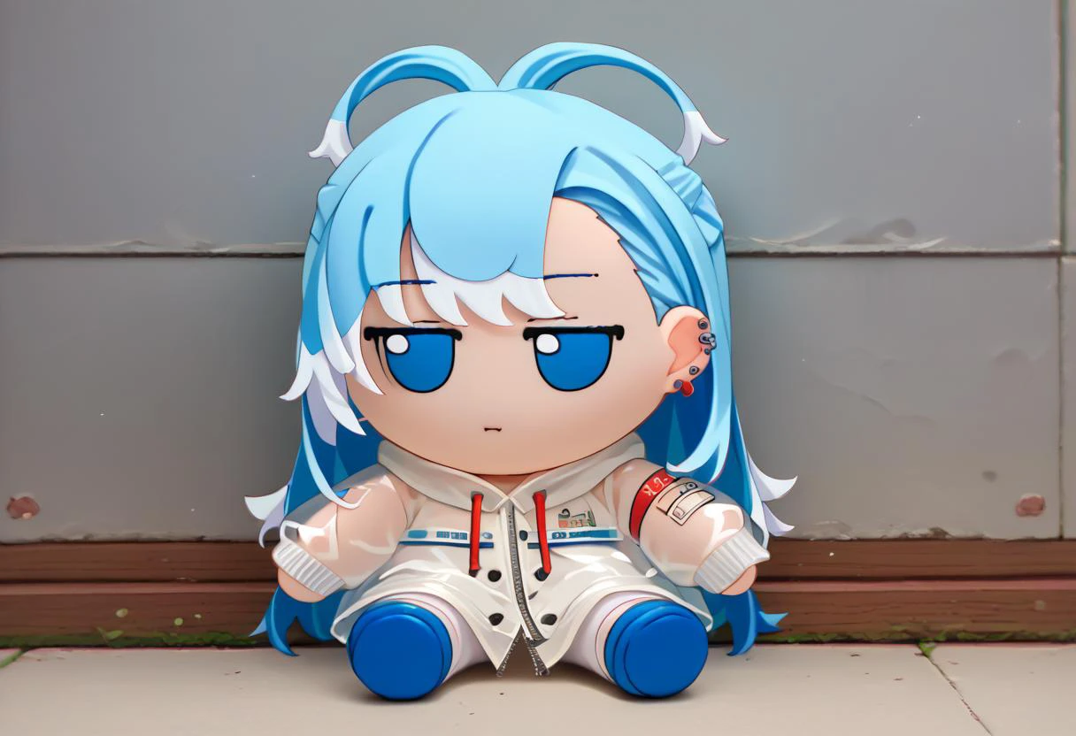 score_9, score_8_up, score_7_up, source_anime, fumo \(doll\), chibi, sitting, solo, 1girl, KoboBase, blue eyes, long hair, blue hair, colored tips, white hair, earrings, white jacket, raincoat, see-through, cropped hoodie, drawstring, white pants <lora:ChamKoboKanaeruPonyXL:0.85> <lora:style_toyfumo_ponyXL:1.1>