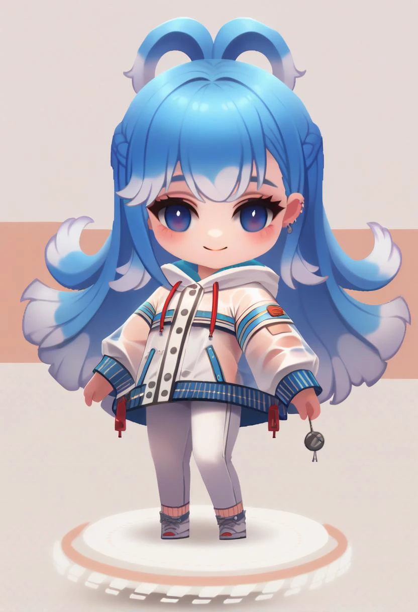 score_9, score_8_up, score_7_up, chibi, standing, full body, solo, 1girl, KoboBase, smile, blue eyes, long hair, blue hair, colored tips, white hair, earrings, white jacket, raincoat, see-through, cropped hoodie, drawstring, white pants <lora:ChamKoboKanaeruPonyXL:0.9> <lora:chibi-nikke-richy-v1_pdxl:1>