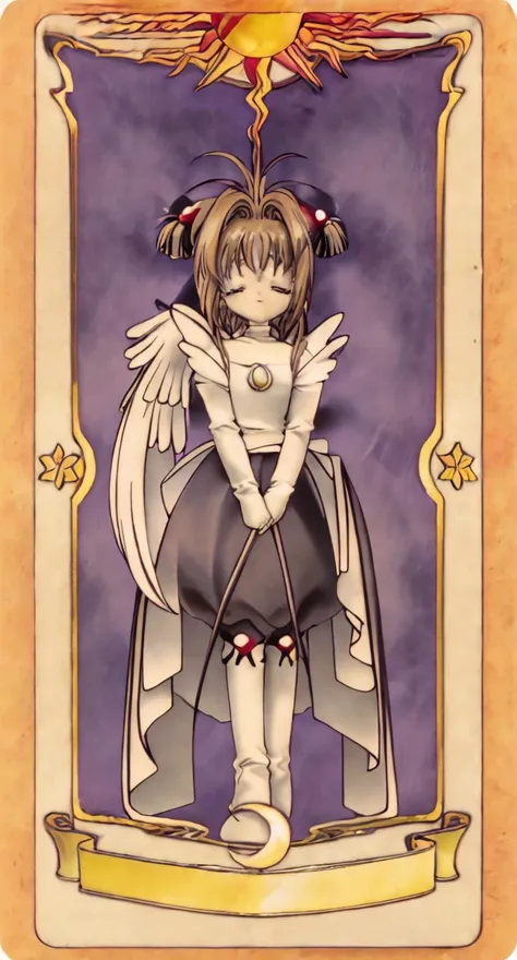 masterpiece, best quality, 1girl, kinomoto_sakura, closed eyes, standing, v arms, card, solo, tarot <lora:ClowCard_NoText:1> <lora:sakuraKinomoto_sakuraV2Epoch6:1>