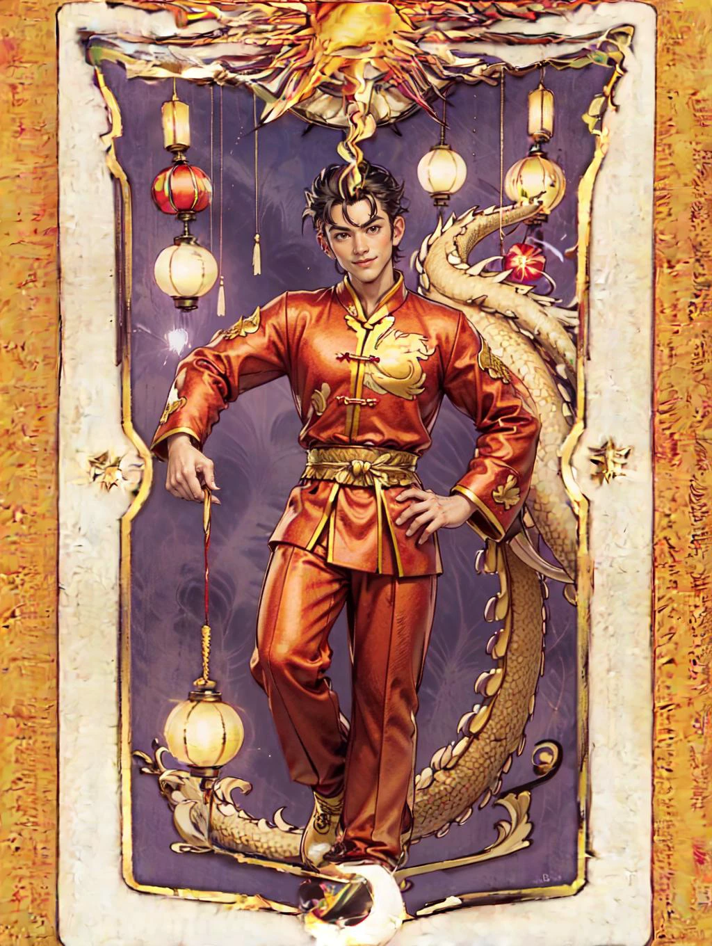 looking at viewer, Amidst the Chinese New Year festivities of the Dragon, a (handsome young man:1.1)( dons traditional attire:1.5). His clothing reveals chiseled muscles and tattoos, with a red shirt featuring golden dragon embroidery and snug, red trousers adorned with fireworks motifs. Completing the look are golden shoes.
he stands against a backdrop of gleaming red and gold lanterns on a stage filled with music and firecrackers. The man's tattoos, depicting dragons and Chinese symbols, underscore his cultural connection. With a radiant smile, he extends blessings for the year ahead, encapsulating the spirit of joy and community celebration. His masculine, youthful, and tender features exude warmth and charm, adding to the festive atmosphere of the occasion,
<lora:GoodHands-beta2:0.8>, dynamic pose,
<lora:V2:1> tarot, masterpiece, 4k, high quality, highres, absurdres,